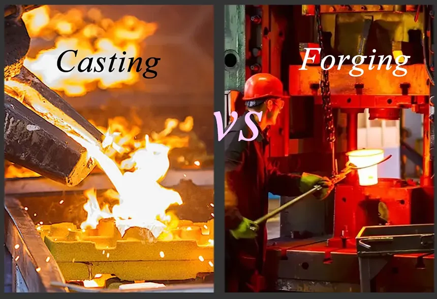 Forging vs. Casting: Which Process Suits Your Needs? 1 Side-by-side comparison of metal casting and forging processes, highlighting differences in method, strength, and applications.